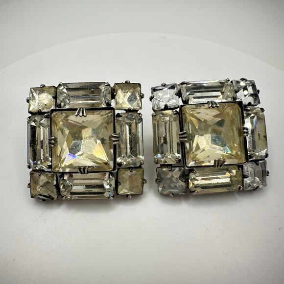 1940s 1950s vintage 925 sterling silver large clear rhinestones clip on earrings - Picture 4 of 8